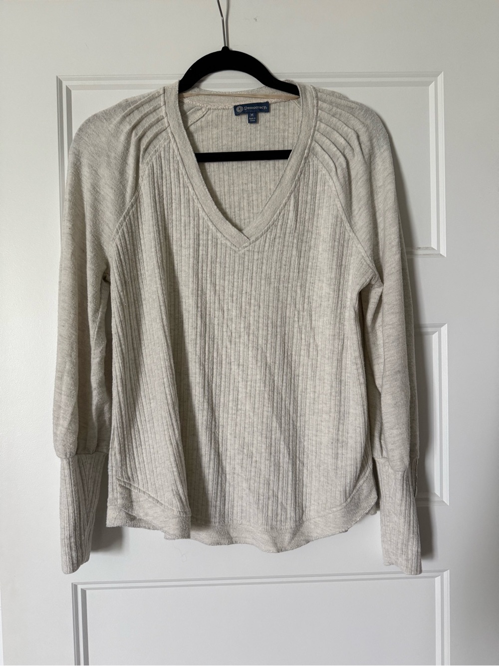 Democracy Cream Ribbed V-Neck Pullover Sweater